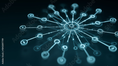 Futuristic IT and technology concept showing a network of interconnected glowing nodes, representing data flow and digital communication