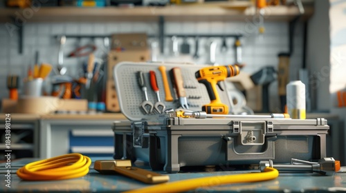 Organized tool kit with drill and accessories in a workshop setting