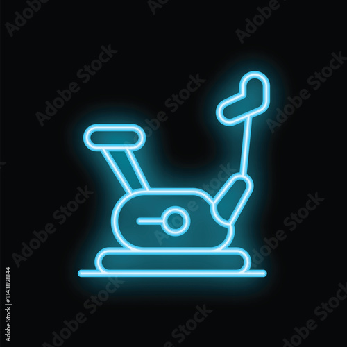 Blue neon sign of a stationary exercise bike glowing on black background