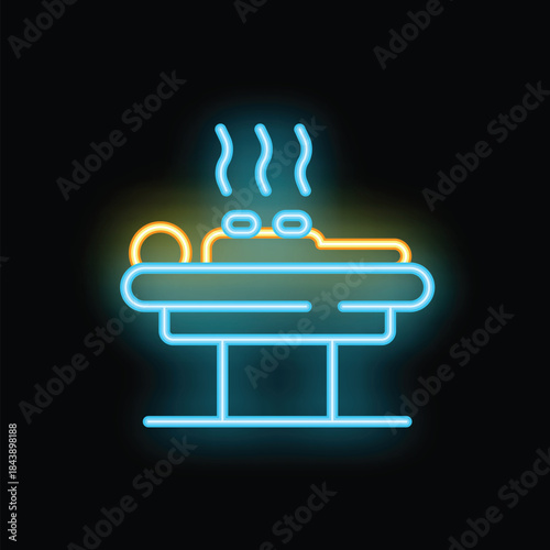 Neon sign of a relaxing spa treatment with hot stones placed on a person lying on a massage table