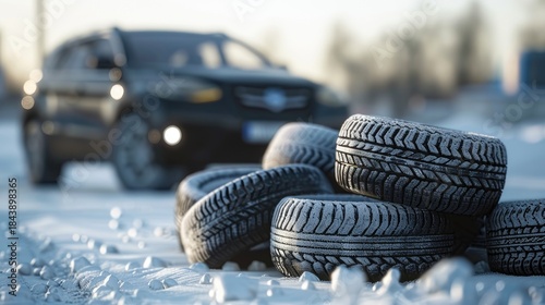 Stacked winter tires on snowy road with blurred suv in background