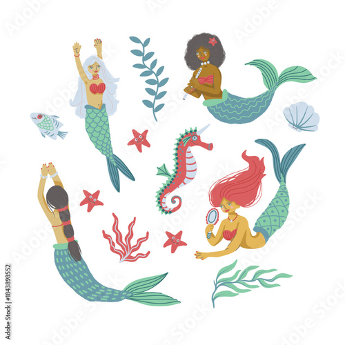 Mermaid isolated vector illustration set with ocean elements, playful characters, sea fantasy decor