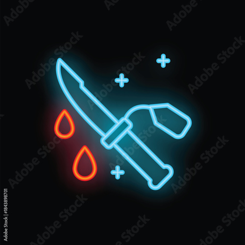 Neon sign of a bloody knife with its sheath, perfect for themes of violence, crime, and danger