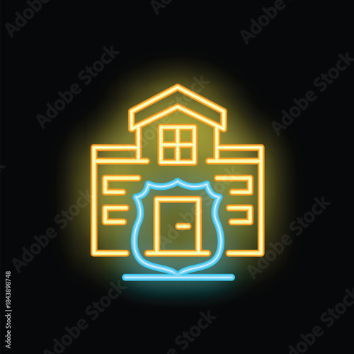 Glowing neon icon representing a police station building with a bright shield, perfect for representing law enforcement