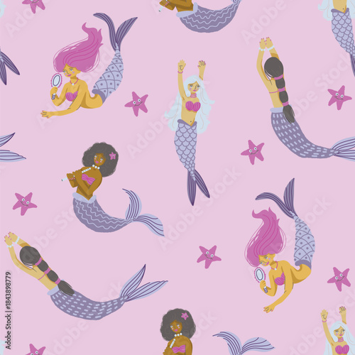 Seamless mermaid vector pattern with playful ocean elements, fantasy underwater girls and sea creatures
