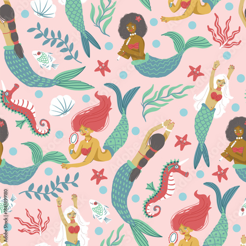 Seamless mermaid vector pattern with playful ocean elements, fantasy underwater girls and sea creatures