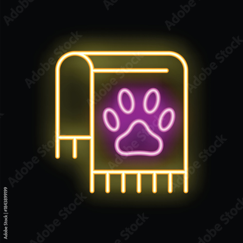 Neon icon of a doormat with a paw print, symbolizing a welcoming place for pets