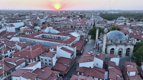 Aerial view of the Mevlana Museum and Sultan Selim Mosque in Konya city center. 