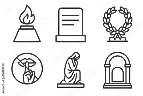 Memorial Design Icons. Line style icons of Commemoration and Memorial Design: eternal flame, name engraving slab, wreath on stone,