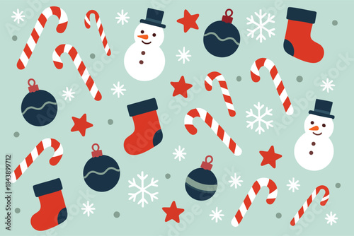 Snowman Christmas Xmas Holiday Merry Stocking Candy Cane Decoration Wrapping Celebration Season Snow Vector Print Design