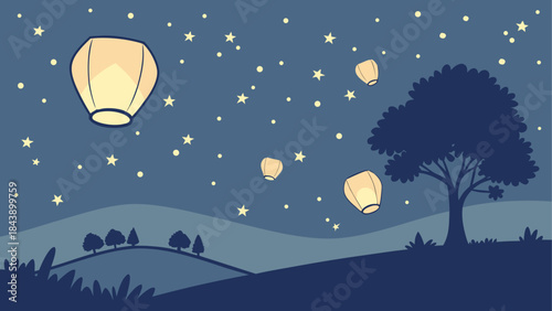 A serene night landscape illustration featuring floating lanterns and stars in the sky