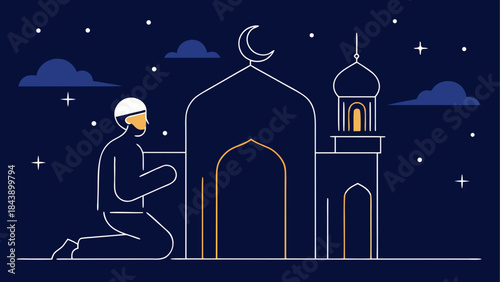 A faithful muslim man kneeling and praying in front of a mosque at night.