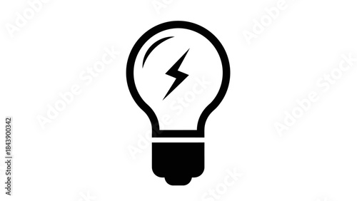 Black icon of a light bulb with a lightning bolt inside on a white background idea innovation