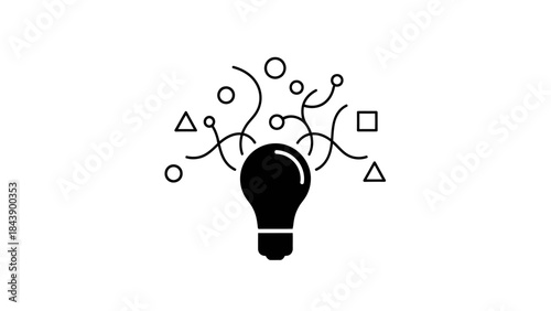 Black Lightbulb With Abstract Shapes And Lines Emanating Keywords: lightbulb, idea, innovation, creativity, concept