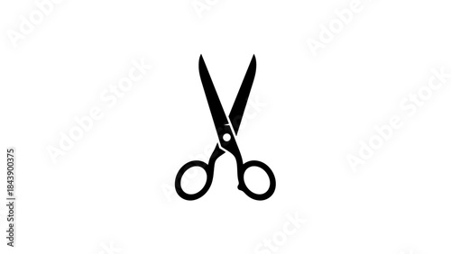 Black Scissors Icon Open on White Background Keywords: scissors, icon, tool, cutting, sharp, metal, open, blades, handles