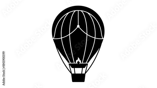 Black silhouette of a hot air balloon with a basket and flame on white background Keywords: hot air balloon, silhouette