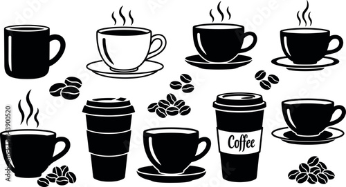 Black and white coffee cup illustrations with steam and coffee beans