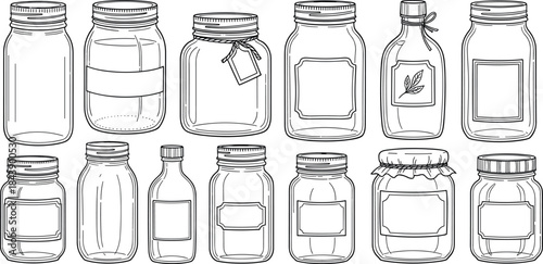 Collection of empty glass bottles and jars with various shapes and labels
