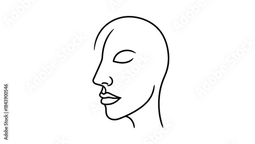 Minimalist black outline of a woman's face in profile on white background Keywords: face, profile, woman, female, head