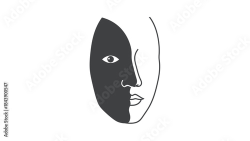 Minimalist Black and White Face Outline with Shaded Half Keywords: face, human, profile, outline, minimalist, black, white