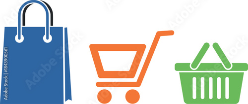 Shopping icons for e-commerce and retail, including bag, cart, and basket