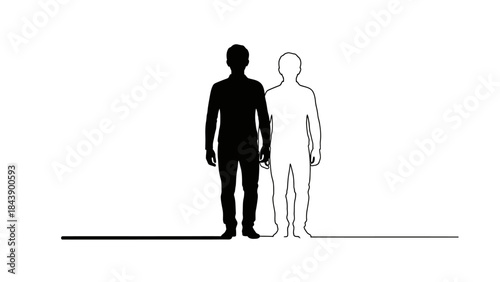 Silhouette of a man in black and outline of a man on white background human figure
