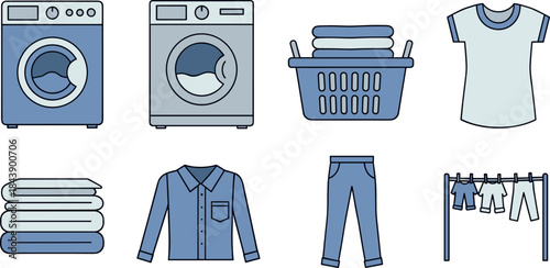 Laundry day essentials, washing machines, clothes, and accessories in blue tones
