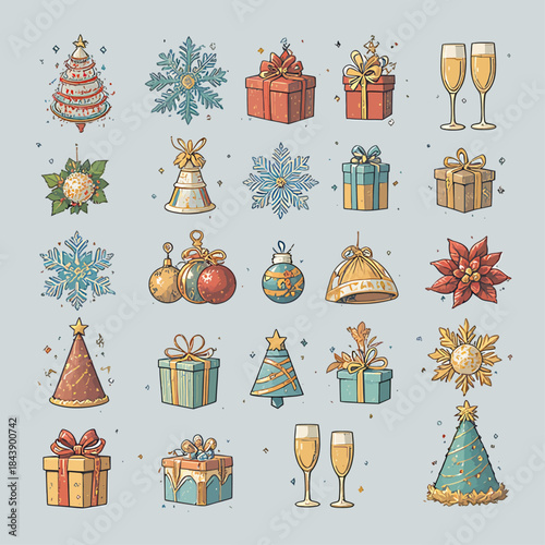 Set of Hand-Drawn Christmas and New Year Holiday Icons Collection Illustration