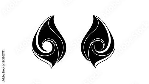 Two Black Abstract Swirling Flame Or Leaf Shapes Keywords: abstract, shapes, swirling, flame, leaf, fire, nature, organic