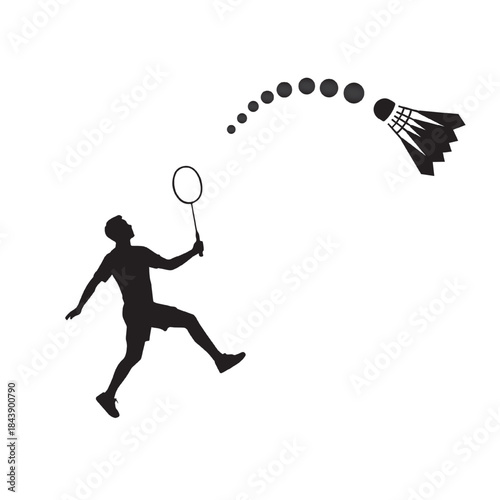 A bold black silhouette of a badminton player in motion, racket raised, as a shuttlecock follows an arched trajectory. Great for sports, fitness, competition, and athletic lifestyle themes.