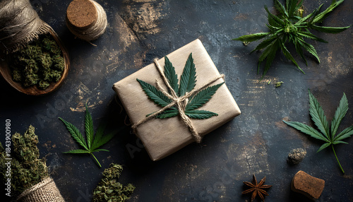 Wallpaper Mural Marijuana cannabis topic concept. A topdown view of a rustic, dark, and textured surface adorned with cannabisthemed items. The main subject is a wrapped gift box with a cannabis leaf design Torontodigital.ca