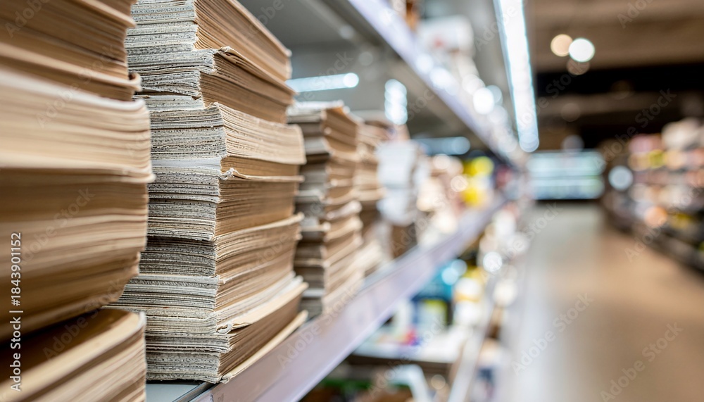 Obraz premium Organized stacks of bulk paper on a store shelf, extending into a blurred background, suggesting a wide selection of stationery and office supplies