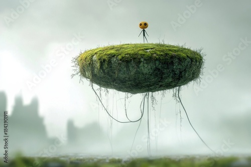 Surreal minimalistic scene with character on floating mossy island