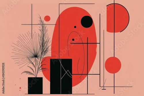 Minimalistic geometric abstract art with red and black elements for modern decor