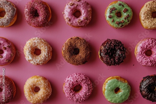 Colorful pattern of assorted doughnuts with glazed toppings on pink background for dessert lovers