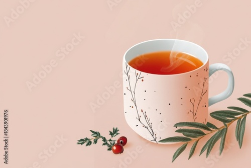 Minimalistic winter tea scene with branches and berries for seasonal design