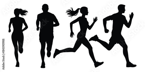 Vector silhouettes of people and a woman in various poses