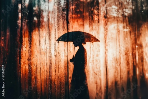 Silhouette of person with umbrella against moody rainy backdrop for artistic design