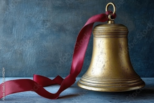 Minimalistic golden bell with red ribbon on blue background for elegant interior design