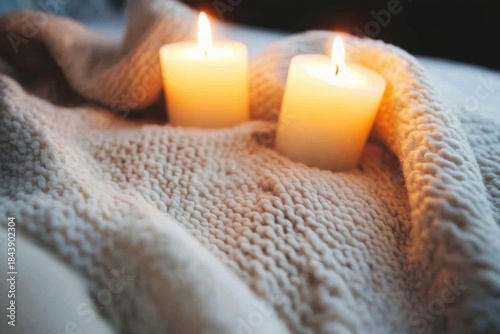 Cozy scandinavian comfort with lit candles on knitted blanket for relaxation and warmth