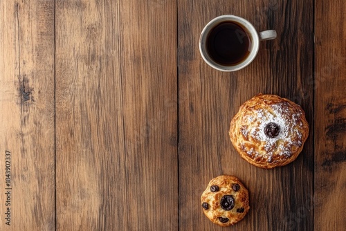 Minimalistic swedish fika with coffee and pastries on rustic wooden table