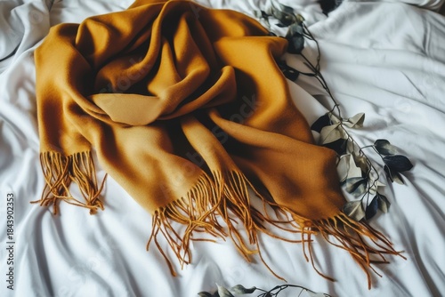 Cozy winter scarf with fringe on white fabric, minimalistic style for fashion accessories