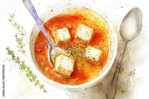Minimalistic watercolor illustration of tomato soup with croutons and herbs