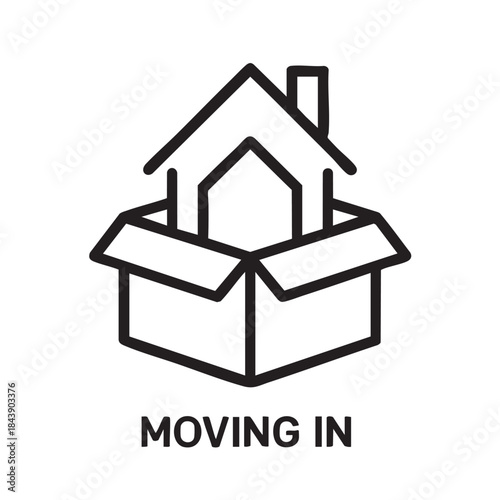 A simple line drawing depicts a house emerging from an open cardboard box symbolizing relocation and moving in