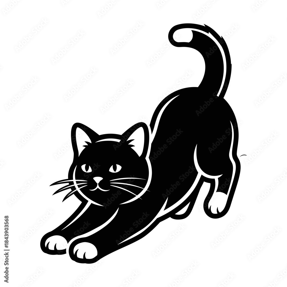 Naklejka premium Elegant feline stretch: A minimalist black and white cat vector design portrayal