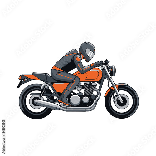 Stylized motorcycle rider in full gear speeding along an undefined space artistic illustration