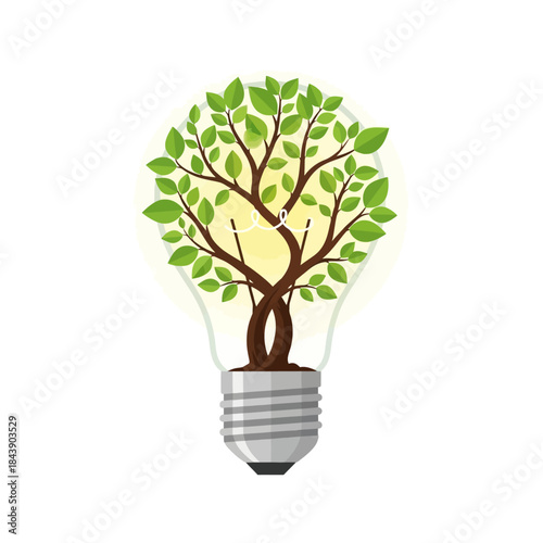 Innovative eco concept presenting green energy idea with tree growing inside bulb design