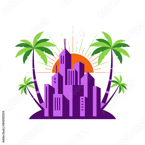 Stylized vibrant cityscape design with palm trees and a sunburst effect creating a tropical urban