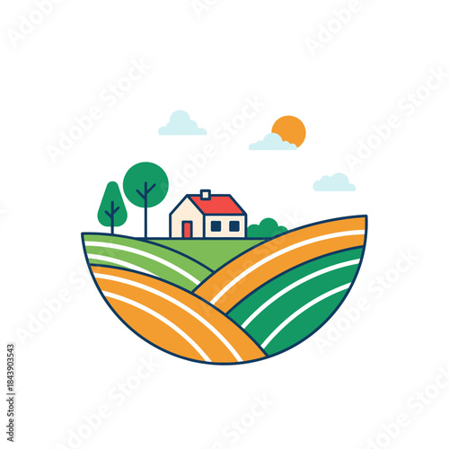 Minimalist illustration of rolling hills featuring a quaint farmhouse landscape serenity