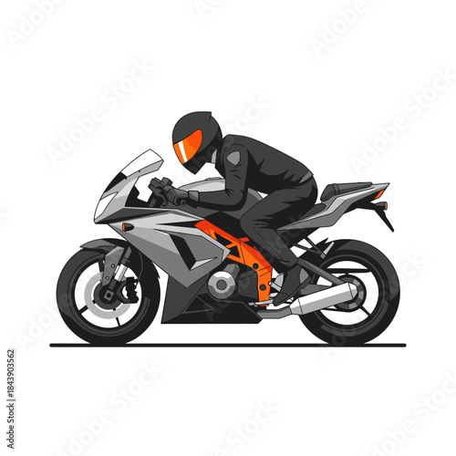 Dynamic illustration of a motorcyclist speeding down a road with sleek design and aerodynamic